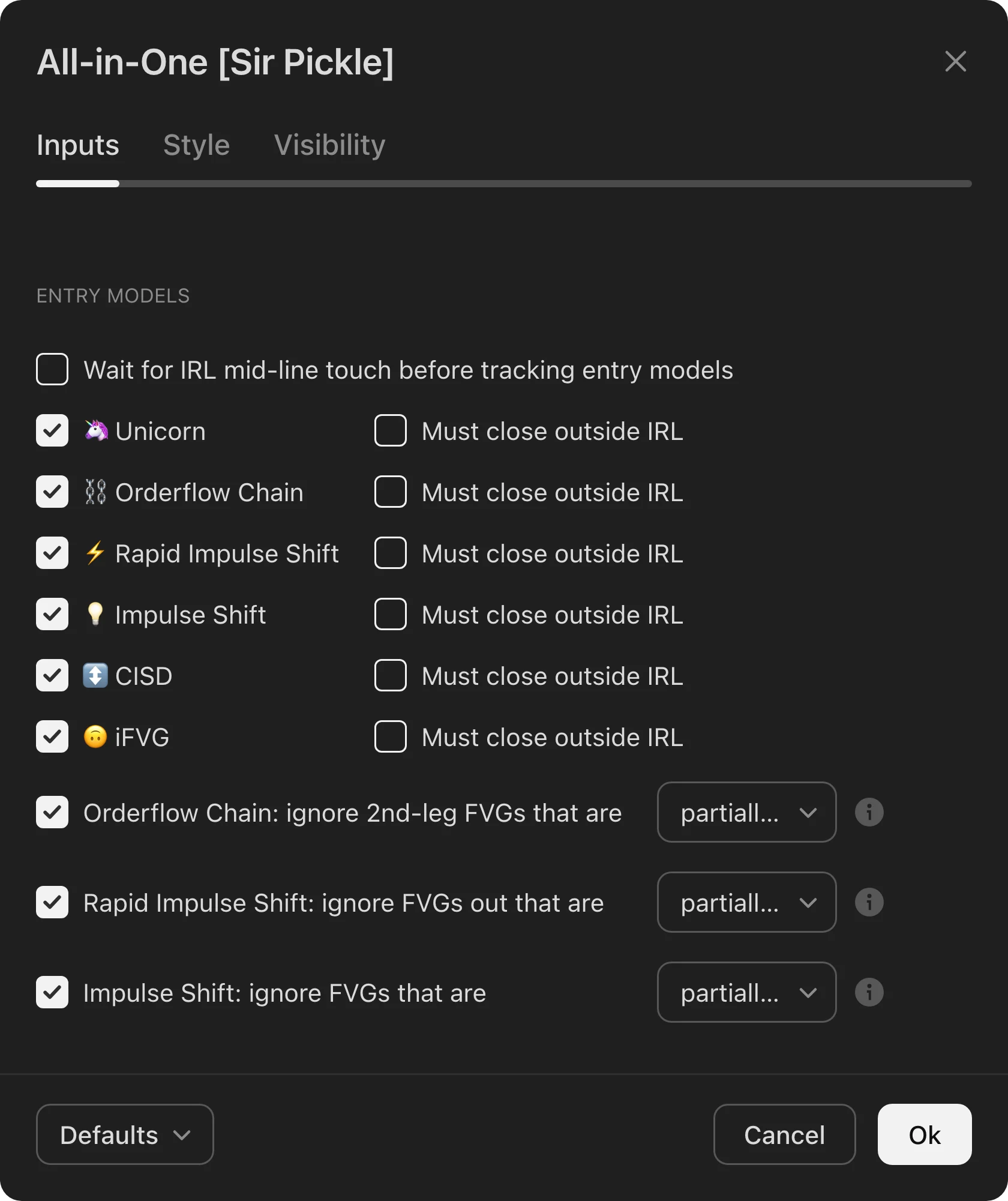The All-in-One settings with all six entry models ticked.